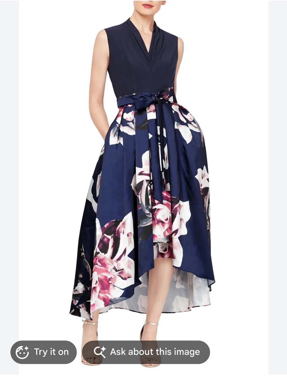 SLNY Navy Floral High-Low Dress with Self Tie Waist